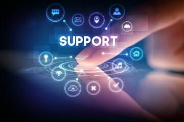 Finger touching tablet with web technology icons concept