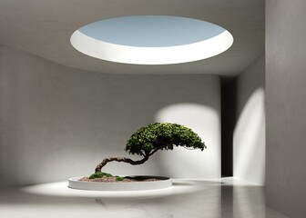 3d render of a white empty large space with a bonsai podium on a concrete floor and a round central hole in the ceiling - obrazy, fototapety, plakaty