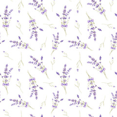 Watercolor lavender bouquets. Floral seamless pattern. Provence fashion background. Purple summer flower. Vintage garden. Botanical plant clipart. Hand painted illustration.