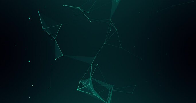 4k animated abstract black plexus dot and 3d line connect background. Datum green technology animation. Moving glowing shapes on dark backdrop. Neural network points. Light simple BG. Seamless looping
