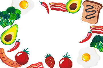 Breakfast made from paper cut : bread, tomato, avocado, strawberry, ham, sausage, hotdog, chili, broccoli, croissant, on white background. healthy or food art creative concept. Copy space. Top view