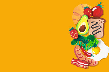 Breakfast made from paper cut : bread, tomato, avocado, strawberry, ham, sausage, hotdog, chili, broccoli, croissant, on white background. healthy or food art creative concept. Copy space. Top view