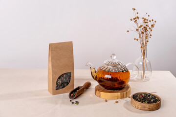 Organic tea branding and packaging mockup. Blank tea packaging mockup with tea. Kraft paper pack...