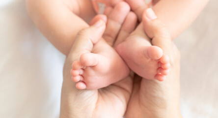 Obraz na płótnie Canvas Baby feet in parent hands. Maternity, Happy Family concept.