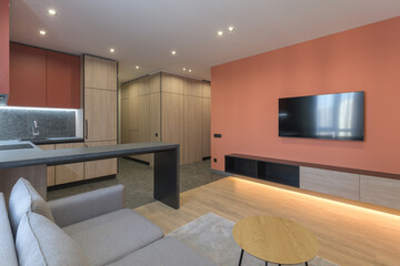 Modern design of a residential apartment with Marsala-colored walls, a gray sofa and a wood kitchen