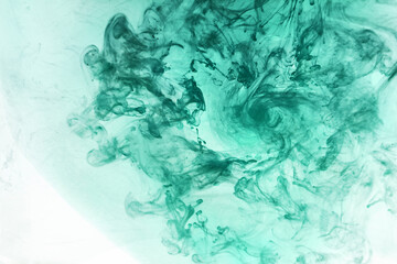 Green smoke on white ink background, colorful fog, abstract swirling emerald ocean sea, acrylic...