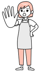 手の平を前に出して拒否するエプロン姿の若い女性