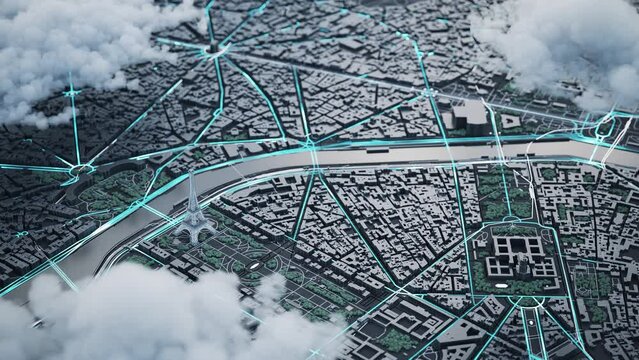 Digital map of Paris city. Miniature Paris from aerial view. 3d animation