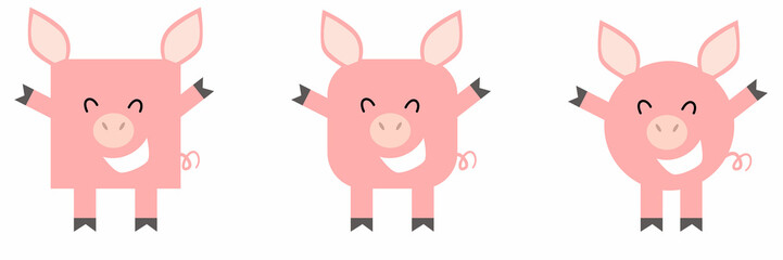 A set of animals of square and round shape. Vector illustration of a pig in a flat style