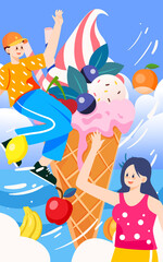 Summer ice cream treat, character jumping next to food, vector illustration