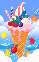 Summer ice cream treat, character jumping next to food, vector illustration