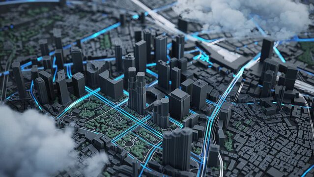 Digital model of a city streets. 3d animation