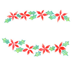 Holly leaves with red flower watercolor wreath for decoration on Christmas holiday festival.