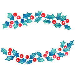 Holly leaves with red berry watercolor wreath for decoration on Christmas holiday festival.