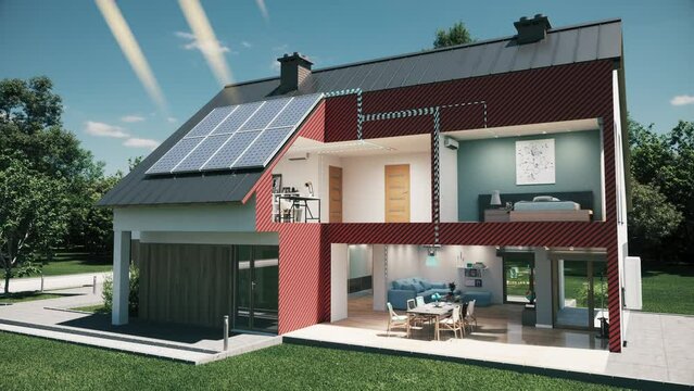 House electric system diagram. Green eco friendly house concept with solar energy panel. Solar cell system diagram. 3d animation