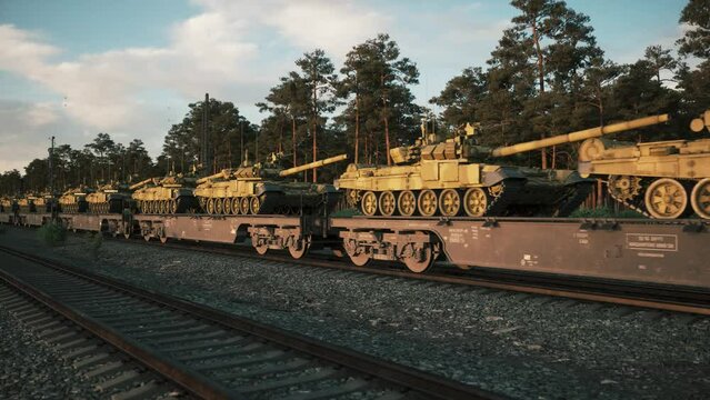 Railway train with military equipment. Military equipment rides on rails. Supply of military weapons. 3d animation