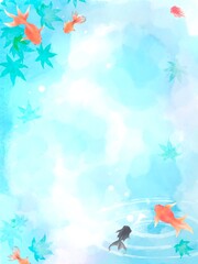 金魚と夏紅葉の涼しげな水彩背景素材