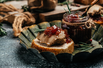 Liver pate with onion marmalade jam confiture. Fresh homemade chicken liver pate with greens....