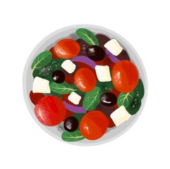 Food illustration. Greek salad with feta cheese, tomatoes, olives and onions. - 499393115
