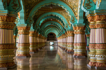 Durbar Hall or Audience Hall inside the royal Mysore Palace. Beautiful decorated interior ceiling...