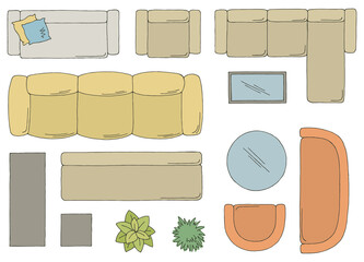 Furniture set floor plan architect design element graphic color top sketch aerial view isolated illustration vector 