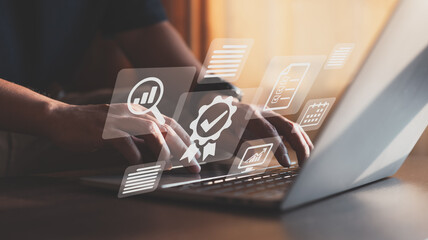 Businessman operating with the quality assurance, guarantee, standards, ISO certification, and standardization notion as a proof of top service.