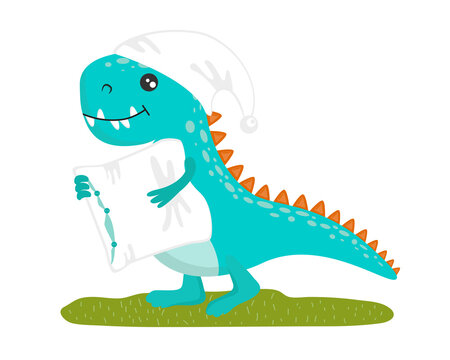 Cute little dinosaur in a nightcap holding a pillow. Vector illustration