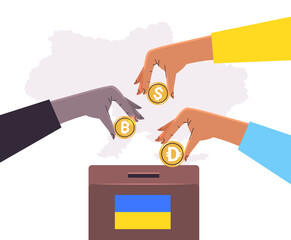 hands holding crypto currencys help Ukraine anti war donation to Ukrainian army donate to help save Ukraine solidarity