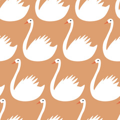 Beautiful white swans hand drawn vector illustration. Pure bird in flat style. Elegant seamless pattern for kids fabric.
