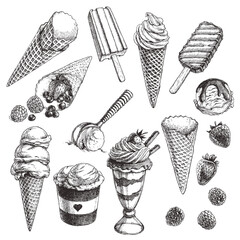 Vector vintage set of ice cream in engraving style. Hand drawn collection illustrations with candies, scoop for it and berries for stuffing. Sketches for menu design. - 499396339