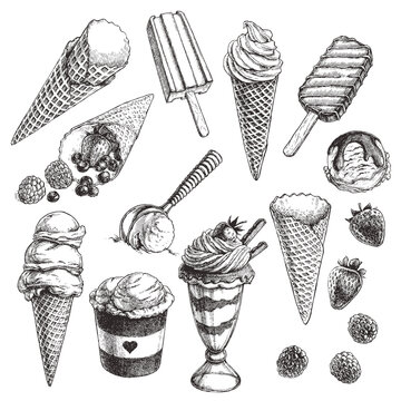 Vector vintage set of ice cream in engraving style. Hand drawn collection illustrations with candies, scoop for it and berries for stuffing. Sketches for menu design.