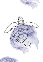 Line art sea animals on a Light blue alcohol ink abstract background for modern template for brochure, web design, phone wallpaper, flyer, cover, catalog, poster, wedding invitation