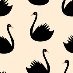 Beautiful black swans hand drawn vector illustration. Elegant bird in flat style. Vintage seamless pattern.