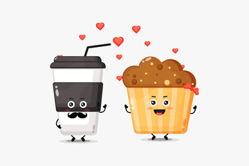 Cute coffee cup and muffin character fall in love