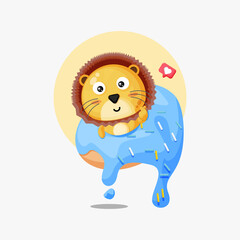 Cute lion on a donut cartoon icon