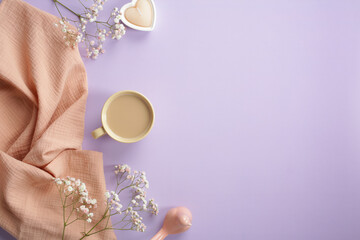 Stylish flat lay composition with morning coffee cup, beige plaid, heart shaped candle, decor and spring flowers on pastel purple background. Top view.