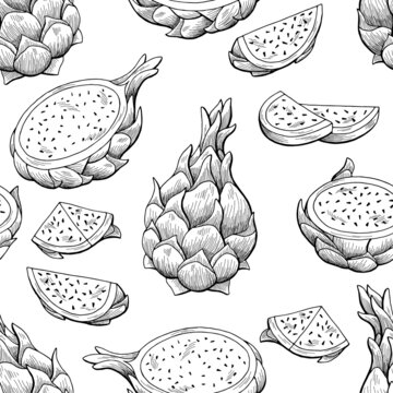 Pitaya dragon fruit graphic black white seamless pattern background sketch illustration vector 