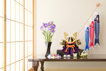 爽やかな光が差す和室に置かれた兜飾りと鯉のぼり / こどもの日・端午の節句・日本の伝統行事と和室インテリア / 3Dレンダリング