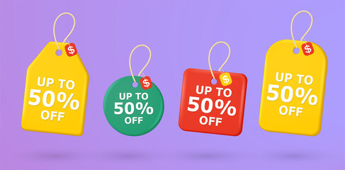 Price tags with 50% discount. Color special offers labels of various shapes with cord for sale.