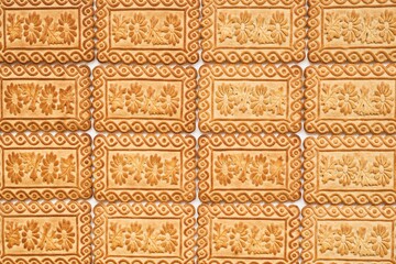 Sweet cookie texture with beautiful pattern. Food background. Top view.