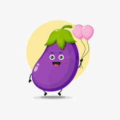 Illustration of cute eggplant character carrying balloon