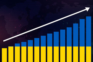 Ukraine bar chart graph, increasing values, Ukraine country flag on bar graph, upward rising arrow on data, news banner idea, developing country concept