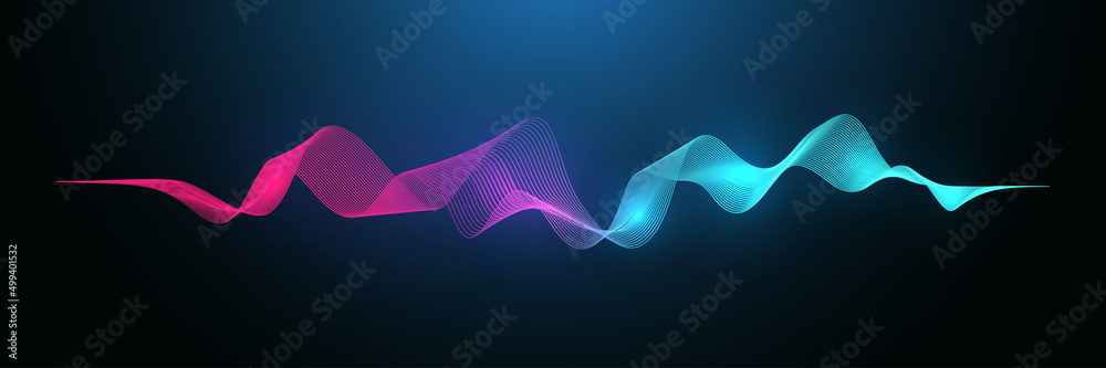 Poster Music wave flow poster design with lines and dots. Sound flyer with abstract gradient line waves. Music abstract background illustration.