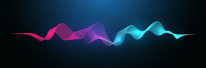 Music wave flow poster design with lines and dots. Sound flyer with abstract gradient line waves. Music abstract background illustration.