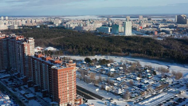 Surgut city in winter. Saima Park. Aerial view.