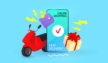 Fast delivery concept with speed red scooter, wallet, smartphone and boxes with bow isolated on blue background.