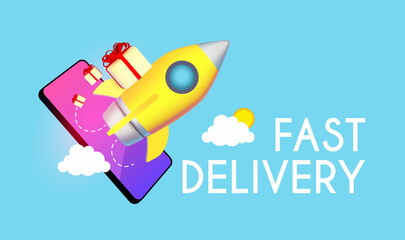 Fast delivery concept with speed rocket, smartphone and boxes with bow isolated on blue background.
