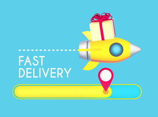 Fast delivery concept with speed rocket and boxes with bow above loading bar isolated on blue background.