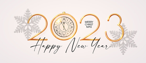 Happy 2023 New Year Elegant Christmas congratulation with 3D realistic gold metal text