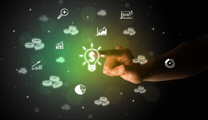 Businessman finger touching on screen multimedia interface with hand drawn currency icons